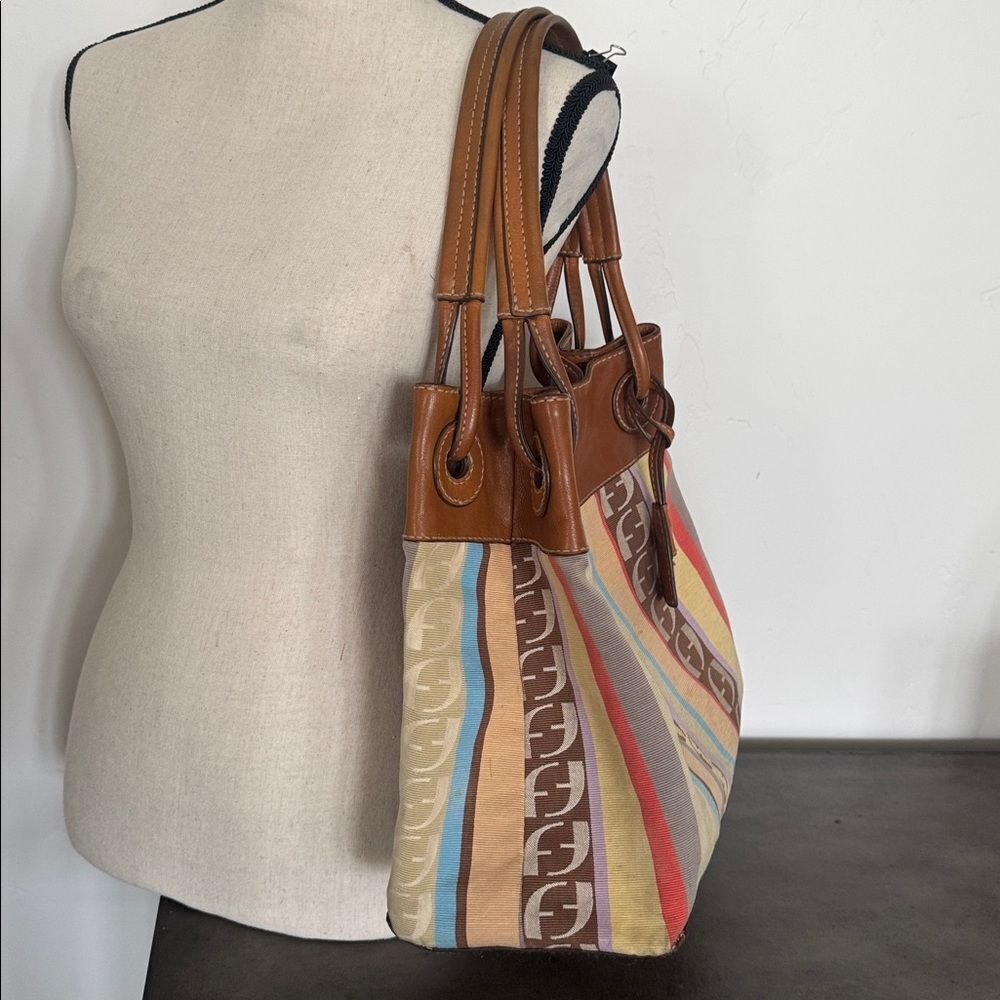 Fossil VINTAGE Textile and Leather Trim Striped Multicolor Shoulder HandBag GUC - Picture 3 of 13